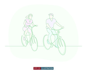 Continuous line drawing of man and woman riding bicycles. Template for your design works. Vector illustration.