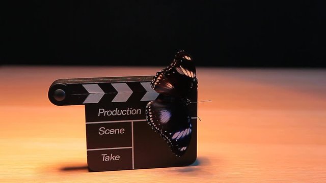 clapper board butterfly table dark background hd footage 