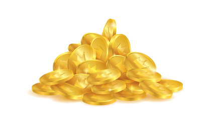 Pile of golden coins with crown symbol on white background.