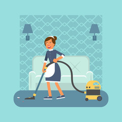 Housekeeper with hoover flat vector illustration