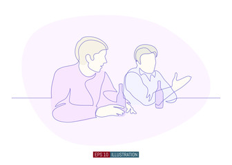 Obraz premium Continuous line drawing of the dialogue of two men at the bar. Template for your design works. Vector illustration.