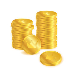 Stack of golden coins with crown symbol on white background.