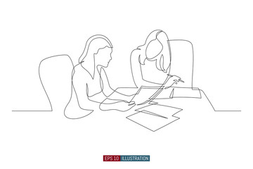 Continuous line drawing of two woman business brief, presentation or training. Template for your design works. Vector illustration.