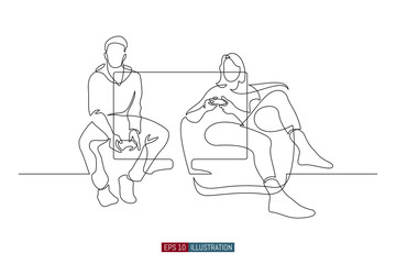 Continuous line drawing of gamers.  Template for your design. Vector illustration.