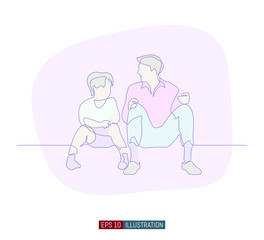 Continuous line drawing of father and son sit and talk. Template for your design works. Vector illustration.