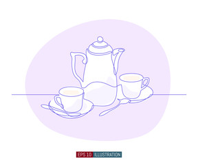 Continuous line drawing of tea set. Template for your design works. Vector illustration.