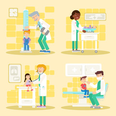 Kids in pediatrics office flat illustrations set