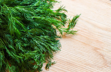 green fresh dill on a light wooden background