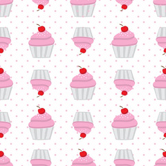 Seamless pattern with pink cupcakes and cherries on polka dots background