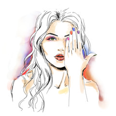 Watercolor fashion illustration with beautiful girl