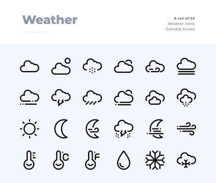  Weather Line Icons. Material design pixel perfect icon. Editable Stroke. 32x32 Pixel Perfect icon