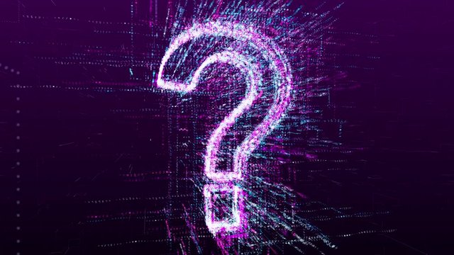 Digital animation of the question mark in the virtual Internet space of the future. Abstract idea concept.