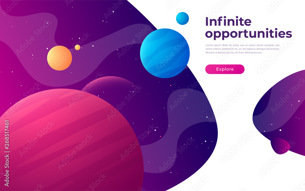Poster landing page template on the topic of space, exploring, technologies, virtual and augmented reality.