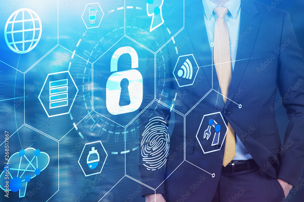 Poster man in suit and cyber security interface