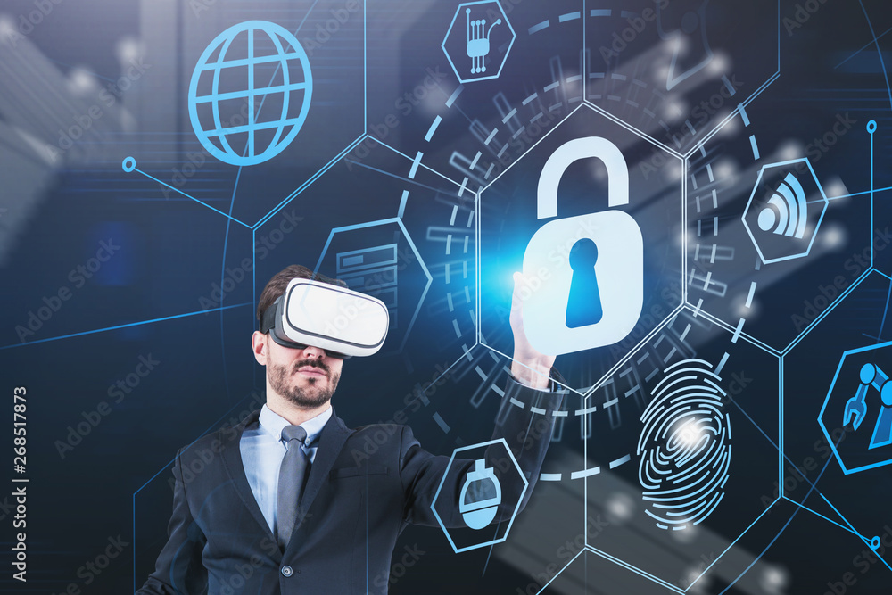Aufkleber man in vr glasses using online security interface
