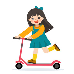 Happy girls on scooter having fun outside. A girl having free time playing for riding kick scooters outdoors.