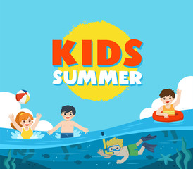 Happy kids play and swim in the sea. A Little boy diving with fish under the ocean. Kids having fun outdoors. Illustration Of Summer Kids.