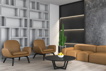 Concrete living room with sofa and bookcase © ImageFlow