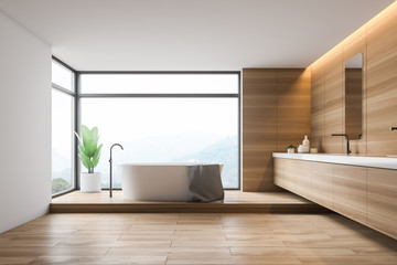 Fototapeta na wymiar Loft wooden bathroom interior, tub and sink