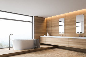 Fototapeta na wymiar Wooden bathroom corner with tub and double sink
