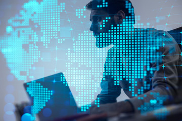 Man with laptop, global technology network