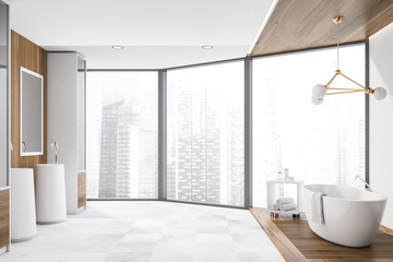 Panoramic wooden bathroom interior, tub and sinks