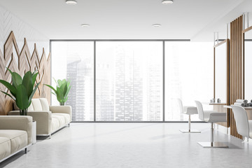 Panoramic barber shop interior with sofas