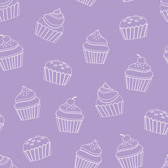 Vector seamless pattern purple cupcake line-art background design