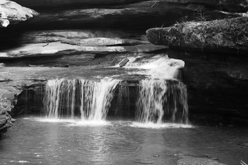 Waterfall outdoors in black and white
