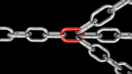 3D rendering Chains connected by link. Connected group leadership teamwork concept.