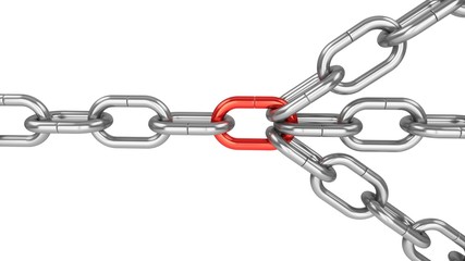3D rendering Chains connected by link. Connected group leadership teamwork concept.