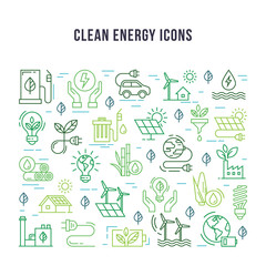 Set of linear icons on the theme of clean energy. Green energy from renewable sources in a set of isolated colored icons in a linear style.