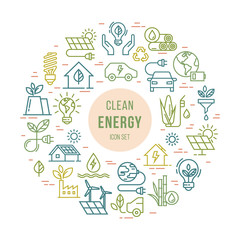 Colorful circular concept set of vector green power symbol made with the wind, solar, water and biomass icons in the line style. Environmental protection illustration. Circular template with place for