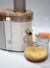 Modern electric juicer  various fruit and glass of freshly made juice  healthy lifestyle concept
