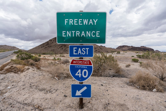 Interstate 40 East On Ramp Sign in the California Desert.