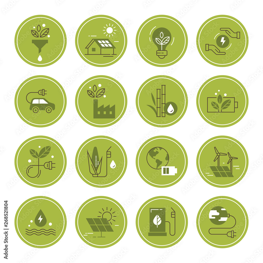 Wall mural set of clean energy vector icons in line style isolated in white background. eco collection with var