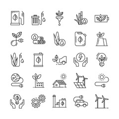Monochrome illustrations of icons relating to the production and distribution of green energy, white background.