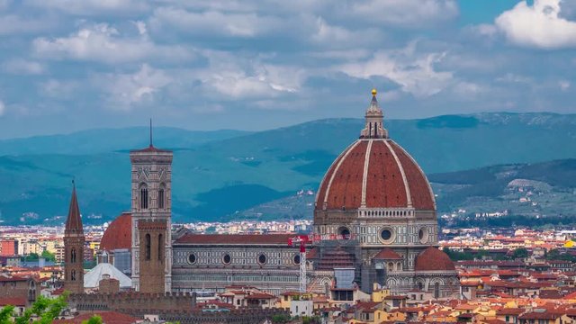 Florence, Tuscany, Italy. Cityscape of the city with Florence Cathedral, formally the Cattedrale di Santa Maria del Fiore. Time lapse. Camera moves from left to right