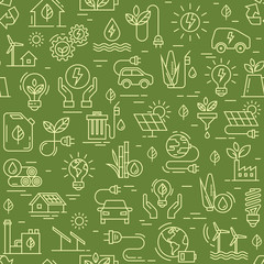 Seamless pattern with vectors eco icons in flat style. Ecology, nature, energy, environment, recycling icons. Dark Vector design seamless ecology pattern and green energy concept in trendy flat style.