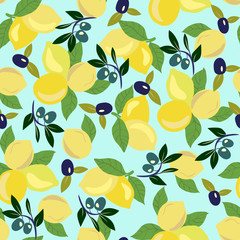 pattern with lemon, olives and olive branch.