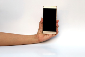 Hand holding smartphone on white background