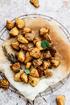 Roasted extra crispy potatoes on parchment paper
