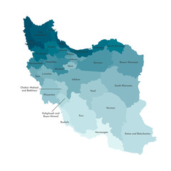 Vector isolated illustration of simplified administrative map of Iran. Borders and names of the provinces. Colorful blue khaki silhouettes