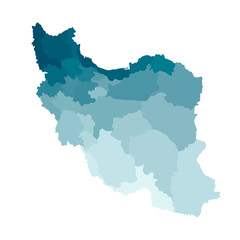 Vector isolated illustration of simplified administrative map of Iran. Borders of the provinces. Colorful blue khaki silhouettes