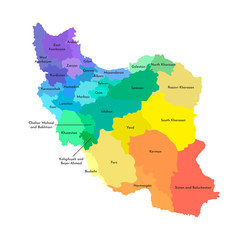 Vector isolated illustration of simplified administrative map of Iran. Borders and names of the provinces. Multi colored silhouettes