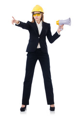 Woman with hard hat isolated on white