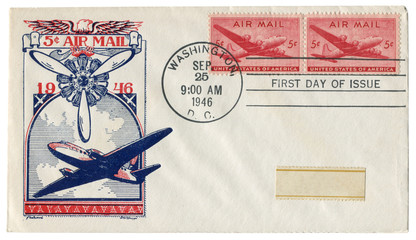 Washington D.C., The USA  - 25 September 1946: US historical envelope: cover with cachet Air mail, cargo and passenger aircraft, propeller, red postage stamps, five cents, first day of issue