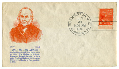 Washington D.C., The USA  - 28 July 1938: US historical envelope: cover with cachet portrait of 6th President John Quincy Adams, orange postage stamp 1825 - 1829, six cents