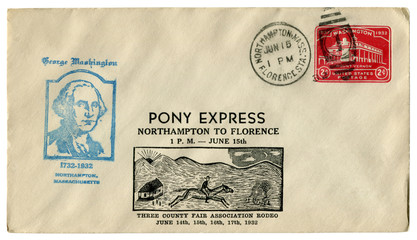 Northampton, Massachusetts, The USA  - 15 June 1932: US historical envelope: cover with cachet Pony Express to Florence, red Imprinted postage stamp two cents, Mount Vernon, Fancy cancel