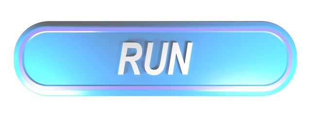 RUN blue rounded rectangle push button - 3D rendering illustration